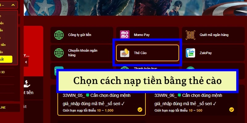 Chọn hình thức nạp tiền bằng thẻ cào ở 33WIN